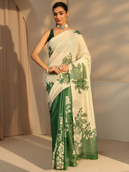 Libas - Womens Green Floral Printed Saree with Unstitched Blouse