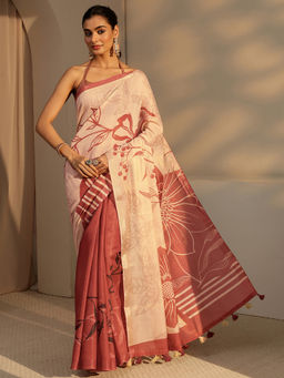 Libas - Womens Brown Floral Printed Saree with Unstitched Blouse