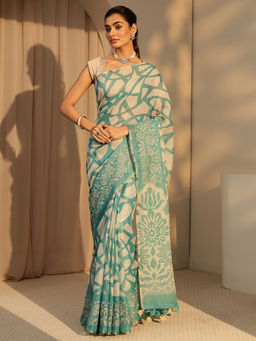 Libas - Womens Blue Floral Printed Saree with Unstitched Blouse