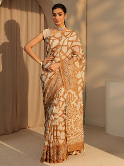Libas - Womens Beige Floral Printed Saree with Unstitched Blouse