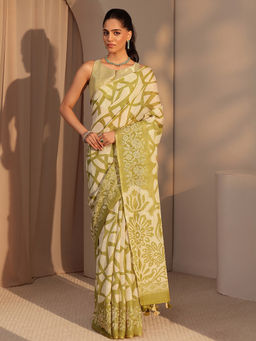 Libas - Womens Green Floral Printed Saree with Unstitched Blouse