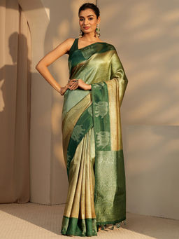 Libas - Womens Green Handloom Saree with Unstitched Blouse