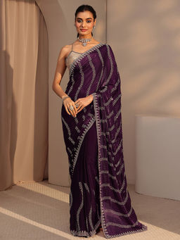 Libas Art - Womens Burgundy Embroidered Saree with Unstitched Blouse