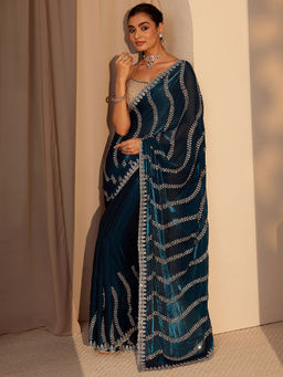 Libas Art - Womens Teal Embroidered Saree with Unstitched Blouse