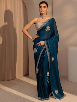 Libas - Womens Teal Embroidered Saree with Unstitched Blouse