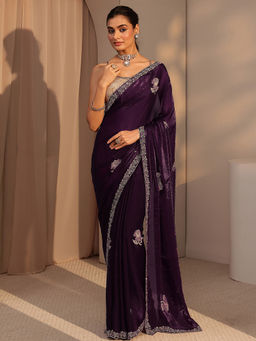 Libas - Womens Burgundy Embroidered Saree with Unstitched Blouse