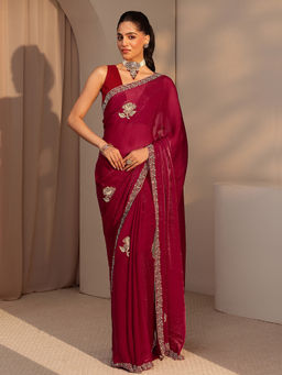 Libas - Womens Red Embroidered Saree with Unstitched Blouse
