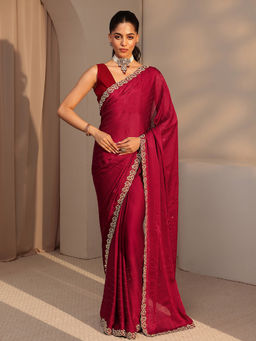 Libas - Womens Red Embroidered Saree with Unstitched Blouse