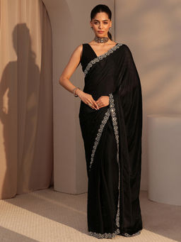 Libas - Womens Black Embroidered Saree with Unstitched Blouse