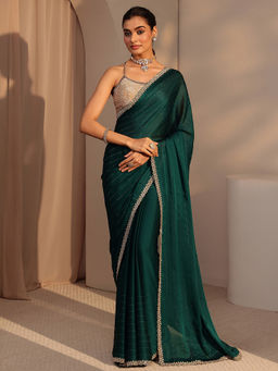 Libas - Womens Green Embroidered Saree with Unstitched Blouse