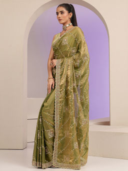 Libas - Womens Green Embroidered Saree with Unstitched Blouse