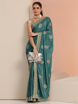 Libas - Womens Blue Embroidered Saree with Unstitched Blouse