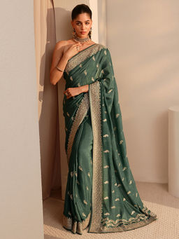 Libas - Womens Green Embroidered Saree with Unstitched Blouse