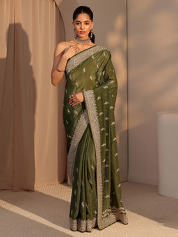 Libas - Womens Olive Embroidered Saree with Unstitched Blouse
