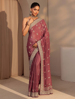 Libas - Womens Rust Embroidered Saree with Unstitched Blouse