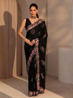 Libas - Womens Black Embroidered Saree with Unstitched Blouse