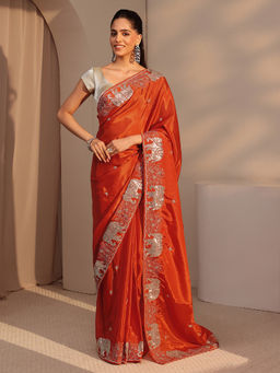 Libas - Womens Orange Embroidered Saree with Unstitched Blouse