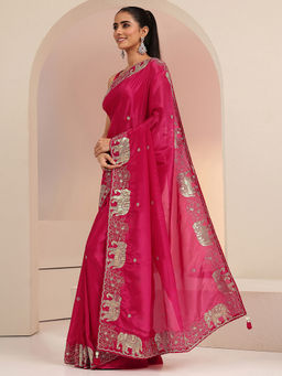 Libas - Womens Pink Embroidered Saree with Unstitched Blouse