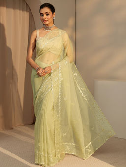 Libas - Womens Green Embroidered Saree with Unstitched Blouse