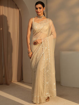 Libas - Womens Beige Embroidered Saree with Unstitched Blouse