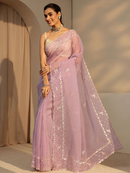 Libas - Womens Lavender Embroidered Saree with Unstitched Blouse