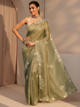 Libas - Womens Olive Embroidered Saree with Unstitched Blouse