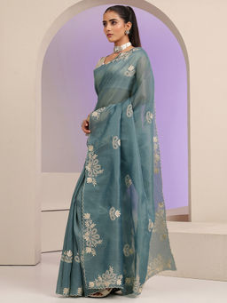 Libas - Womens Blue Embroidered Saree with Unstitched Blouse