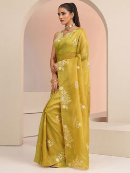 Libas - Womens Mustard Embroidered Saree with Unstitched Blouse