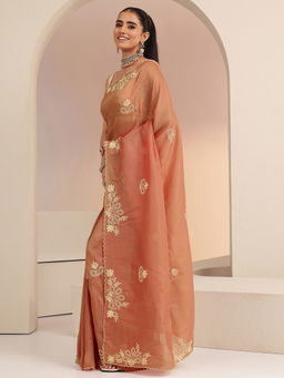 Libas - Womens Peach Embroidered Saree with Unstitched Blouse