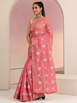 Libas - Womens Peach Embroidered Saree with Unstitched Blouse