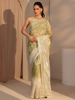 Libas - Womens Green Embroidered Saree with Unstitched Blouse