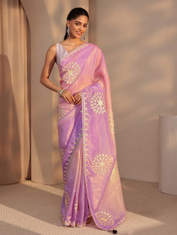 Libas - Womens Lavender Embroidered Saree with Unstitched Blouse