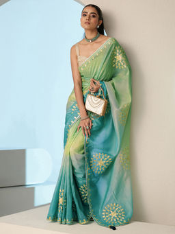 Libas - Womens Blue Embroidered Saree with Unstitched Blouse