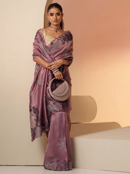 Libas - Womens Mauve Floral Embroidered Saree with Unstitched Blouse