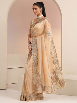 Libas - Womens Beige Floral Embroidered Saree with Unstitched Blouse