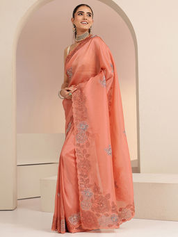 Libas - Womens Peach Floral Embroidered Saree with Unstitched Blouse