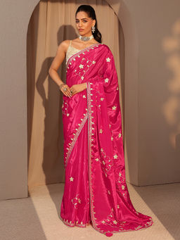 Libas - Womens Pink Embroidered Saree with Unstitched Blouse