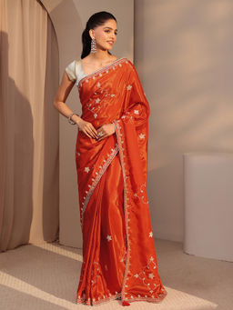 Libas - Womens Orange Embroidered Saree with Unstitched Blouse