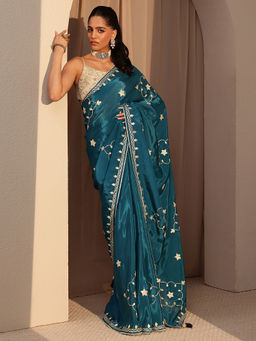 Libas - Womens Teal Embroidered Saree with Unstitched Blouse