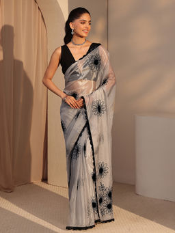 Libas - Womens Grey Floral Embroidered Saree with Unstitched Blouse