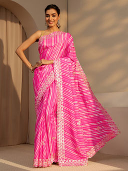 Libas - Womens Pink Stripes Printed Saree with Unstitched Blouse