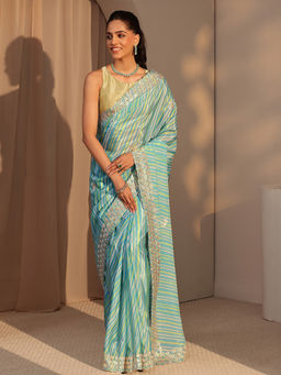 Libas - Womens Blue Stripes Printed Saree with Unstitched Blouse