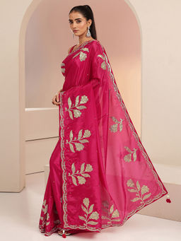 Libas - Womens Pink Embroidered Saree with Unstitched Blouse