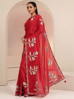 Libas - Womens Red Embroidered Saree with Unstitched Blouse