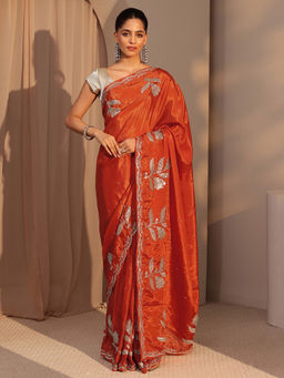 Libas - Womens Orange Embroidered Saree with Unstitched Blouse