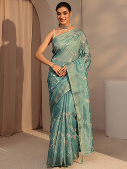 Libas - Womens Blue Embroidered Saree with Unstitched Blouse