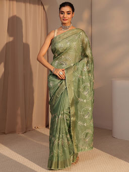 Libas - Womens Green Embroidered Saree with Unstitched Blouse