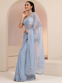 Libas - Womens Blue Embroidered Embellished Saree with Unstitched Blouse