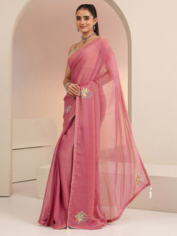Libas - Womens Pink Embroidered Saree with Unstitched Blouse