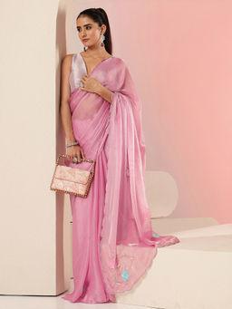 Libas - Womens Pink Embroidered Saree with Unstitched Blouse